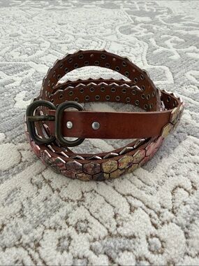 Diesel Brown Leather Hex Stud Belt with Metallic Accents